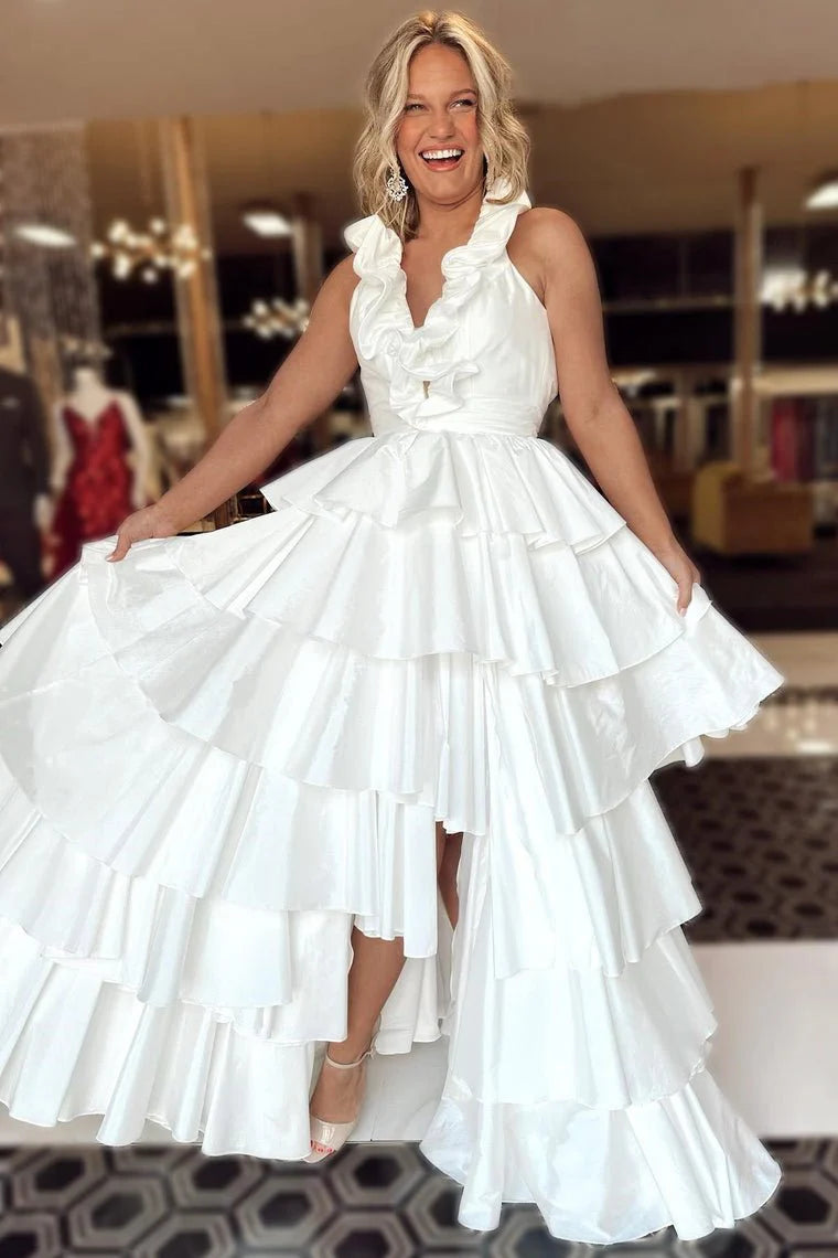 Elegant A-Line Halter Ruffle Tiered Taffeta Red Floor Length Prom Dress