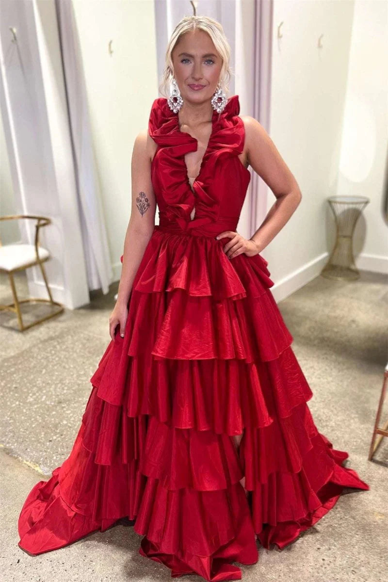 Elegant A-Line Halter Ruffle Tiered Taffeta Red Floor Length Prom Dress
