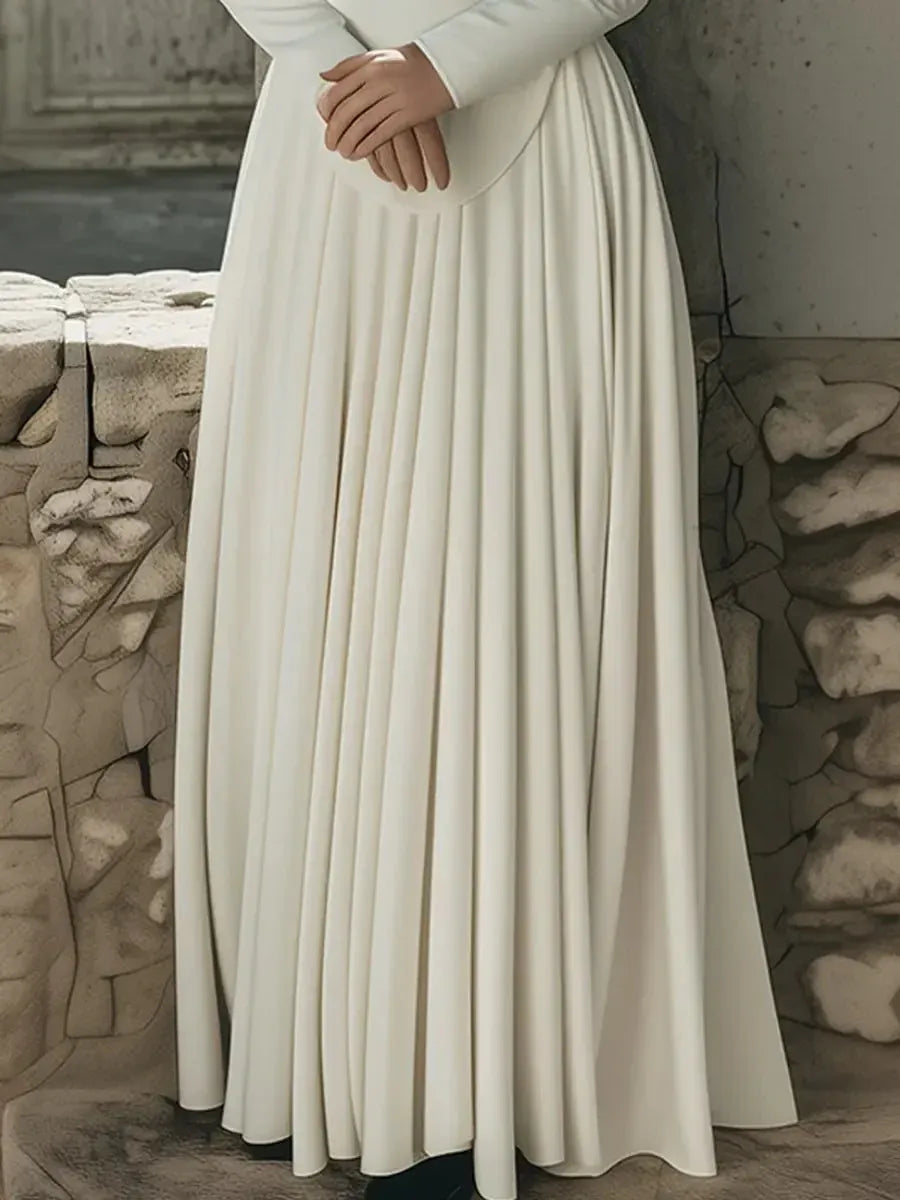 Elegant A-Line High Neck Long Sleeve Pleated White Floor-Length Prom Dresses