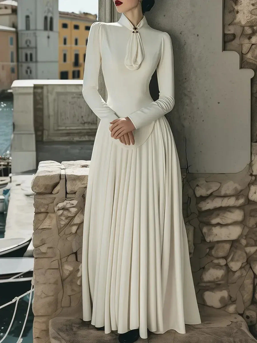 Elegant A-Line High Neck Long Sleeve Pleated White Floor-Length Prom Dresses