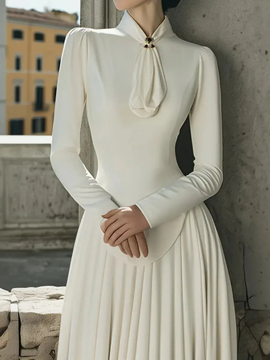Elegant A-Line High Neck Long Sleeve Pleated White Floor-Length Prom Dresses