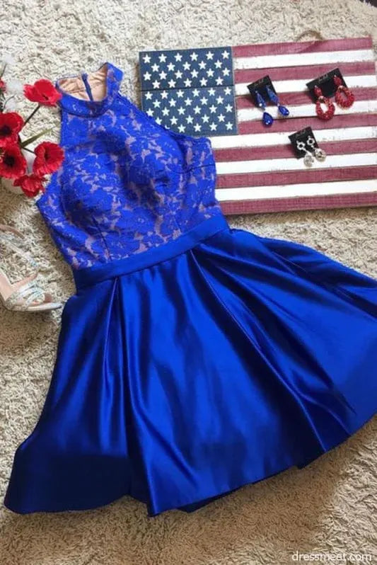 Elegant A-Line High Neck Sleeveless Lace-Top Satin Royal Blue Short Homecoming Dress