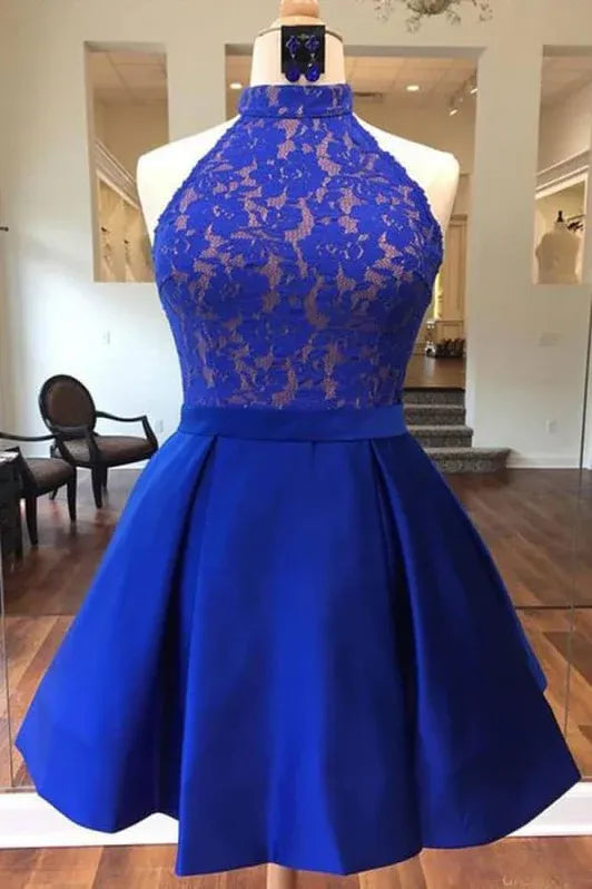 Elegant A-Line High Neck Sleeveless Lace-Top Satin Royal Blue Short Homecoming Dress
