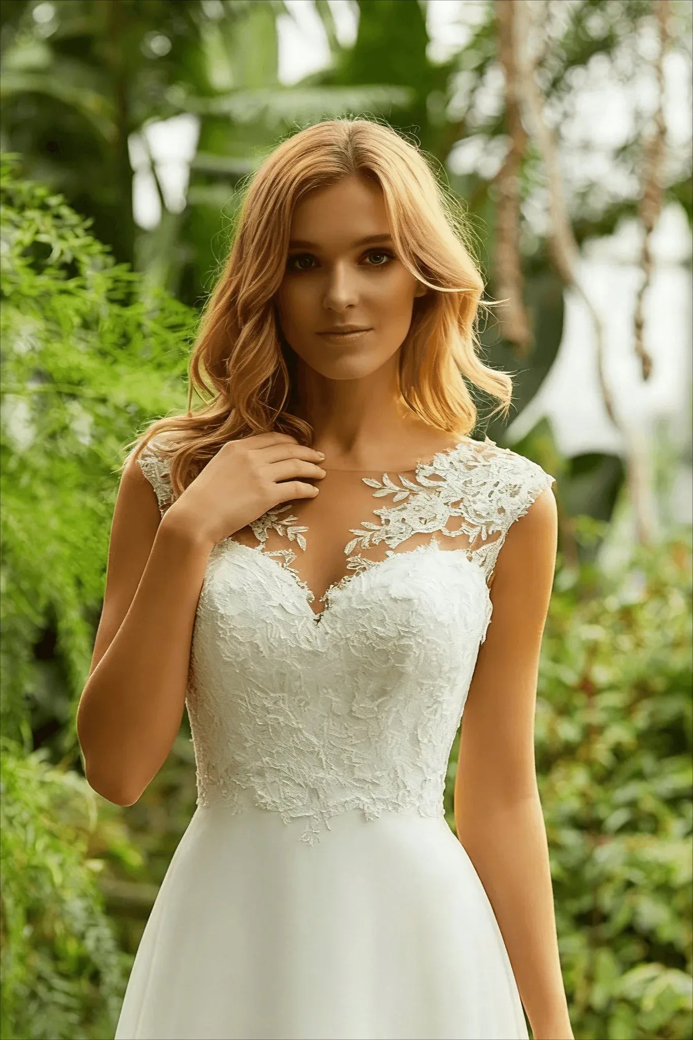 Elegant A-Line Illusion Cap Sleeve Applique Lace White Long Wedding Dress For Women