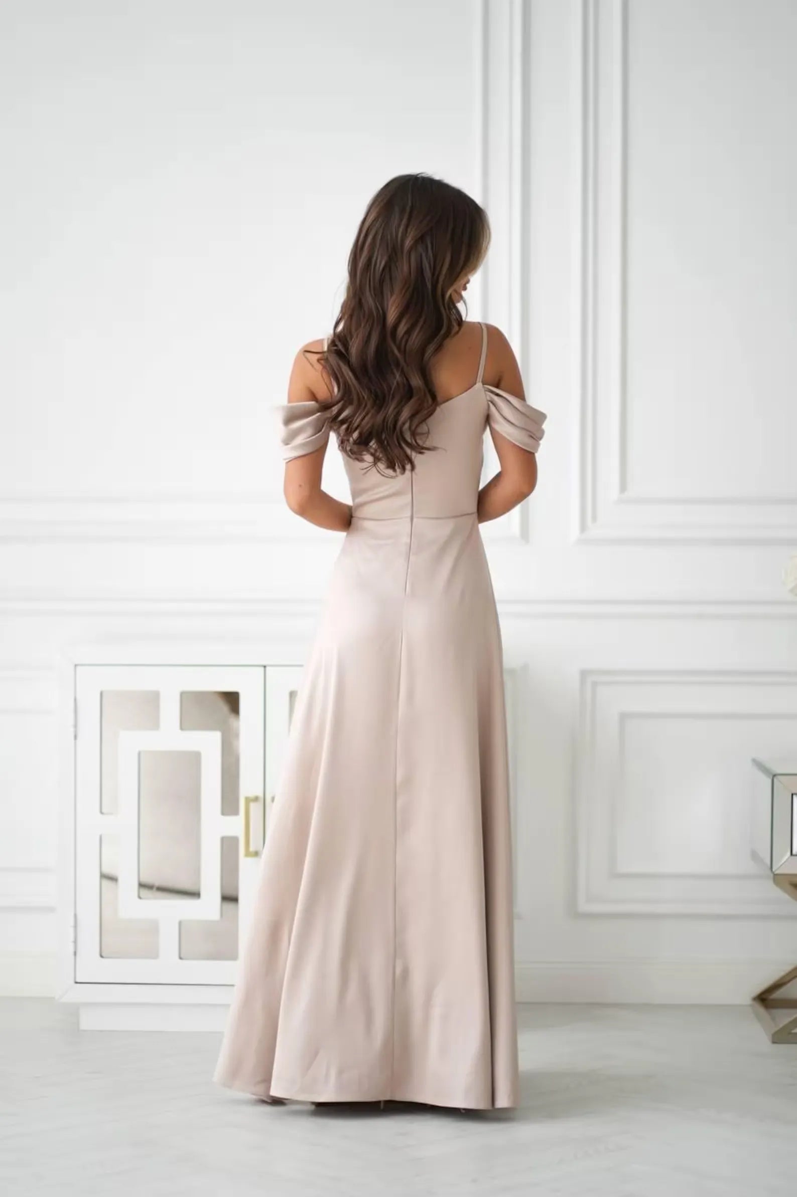 Elegant A-Line Off-Shoulder Draped High Slit Champagne Floor Length Prom Dress