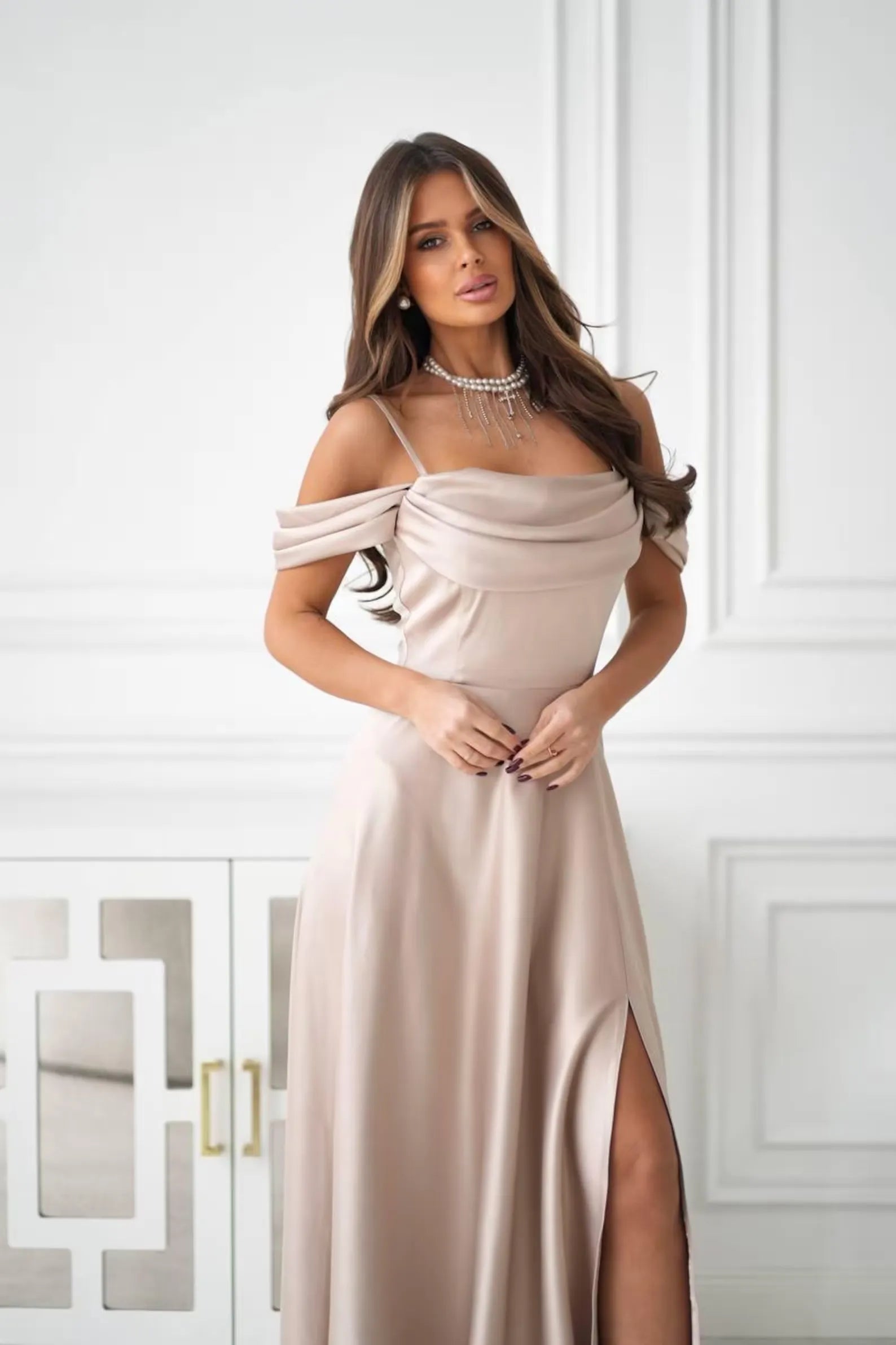 Elegant A-Line Off-Shoulder Draped High Slit Champagne Floor Length Prom Dress
