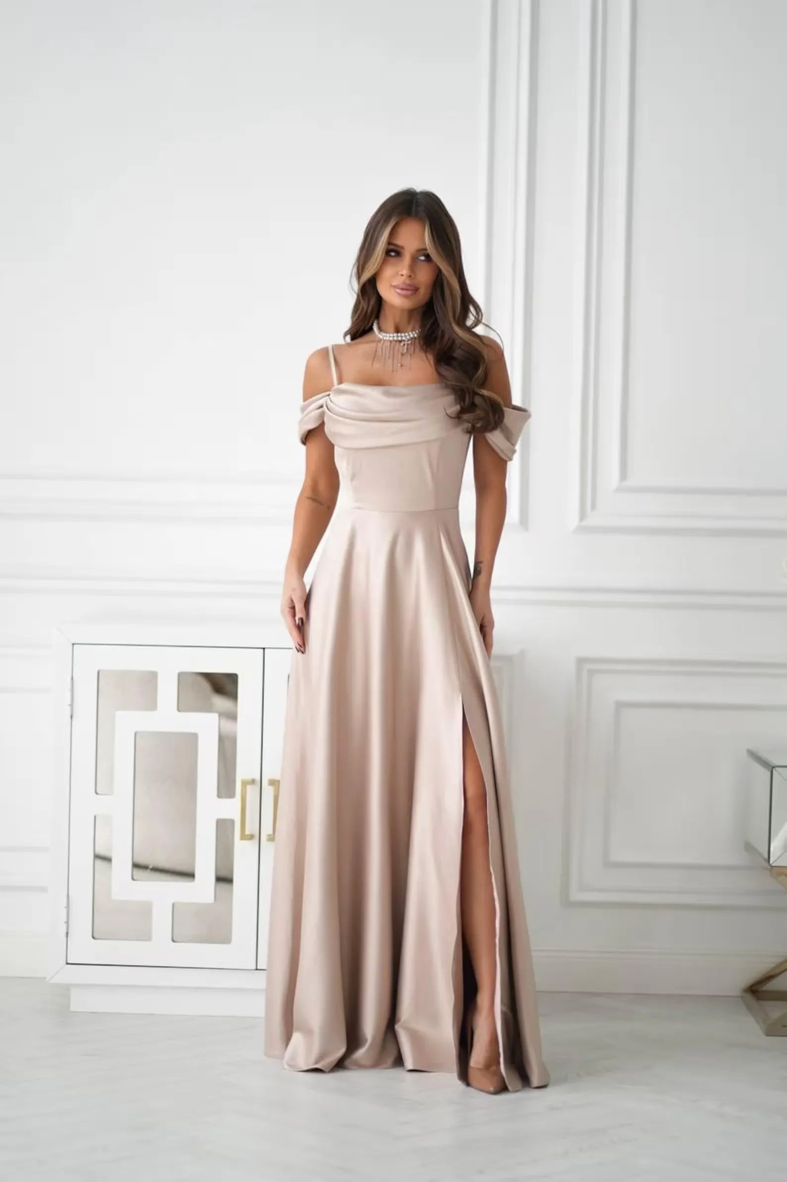 Elegant A-Line Off-Shoulder Draped High Slit Champagne Floor Length Prom Dress