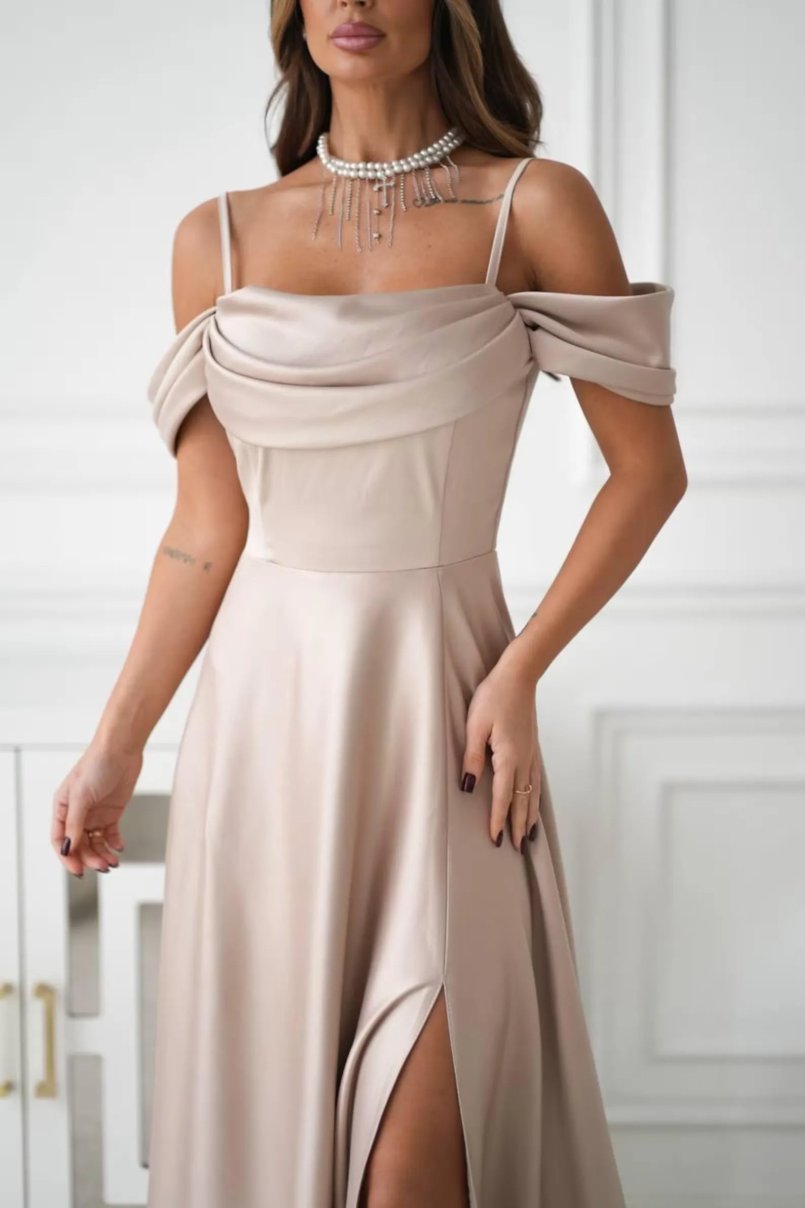 Elegant A-Line Off-Shoulder Draped High Slit Champagne Floor Length Prom Dress