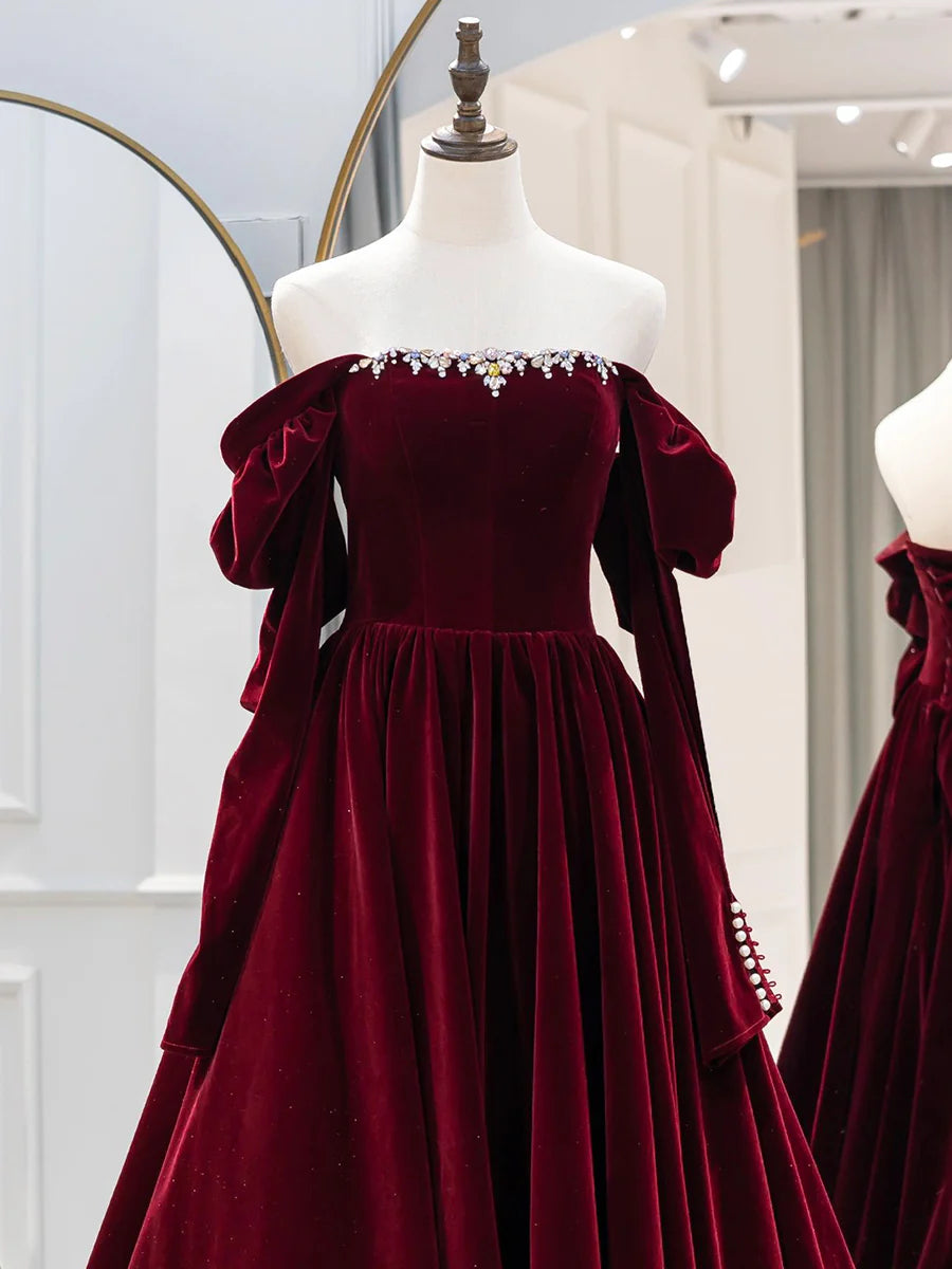 Elegant A-Line Off-the-Shoulder Long Sleeve Beaded Velvet Burgundy Long Formal Dress