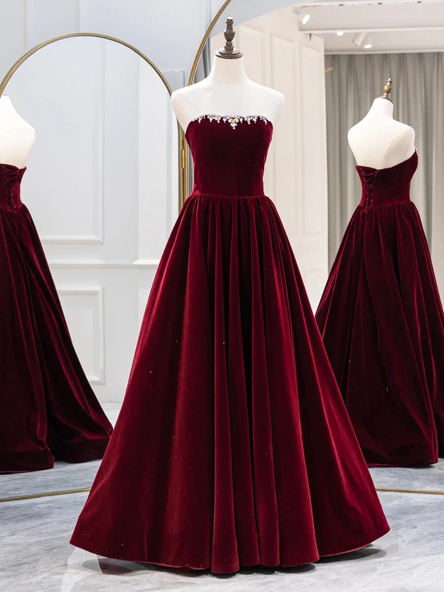 Elegant A-Line Off-the-Shoulder Long Sleeve Beaded Velvet Burgundy Long Formal Dress