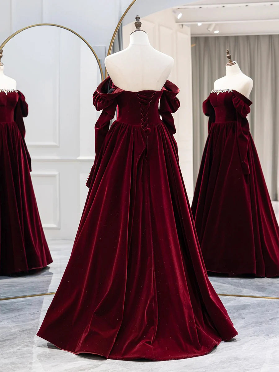 Elegant A-Line Off-the-Shoulder Long Sleeve Beaded Velvet Burgundy Long Formal Dress