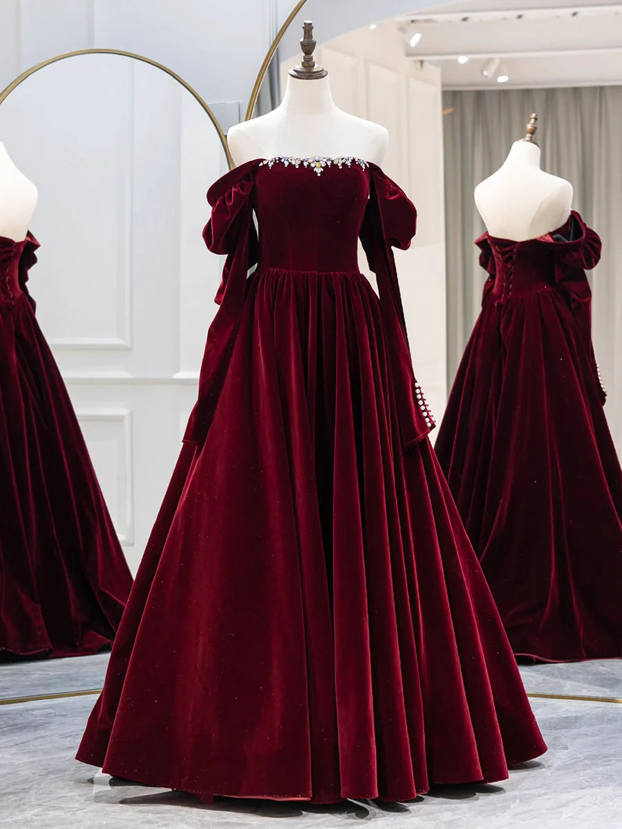 Elegant A-Line Off-the-Shoulder Long Sleeve Beaded Velvet Burgundy Long Formal Dress
