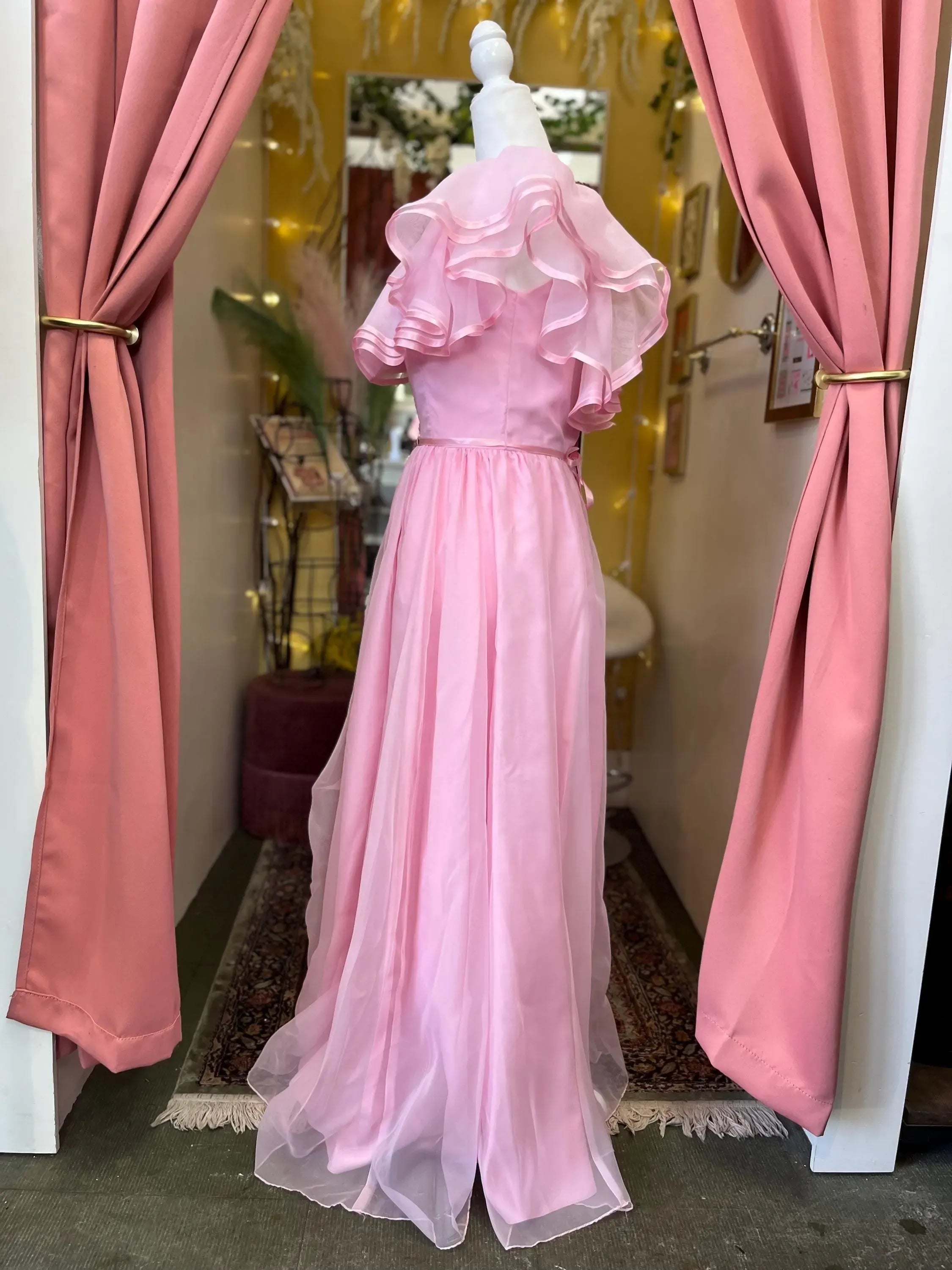Elegant A-Line Off-the-Shoulder Ruffled Bow Back Pink Floor-Length Prom Dress