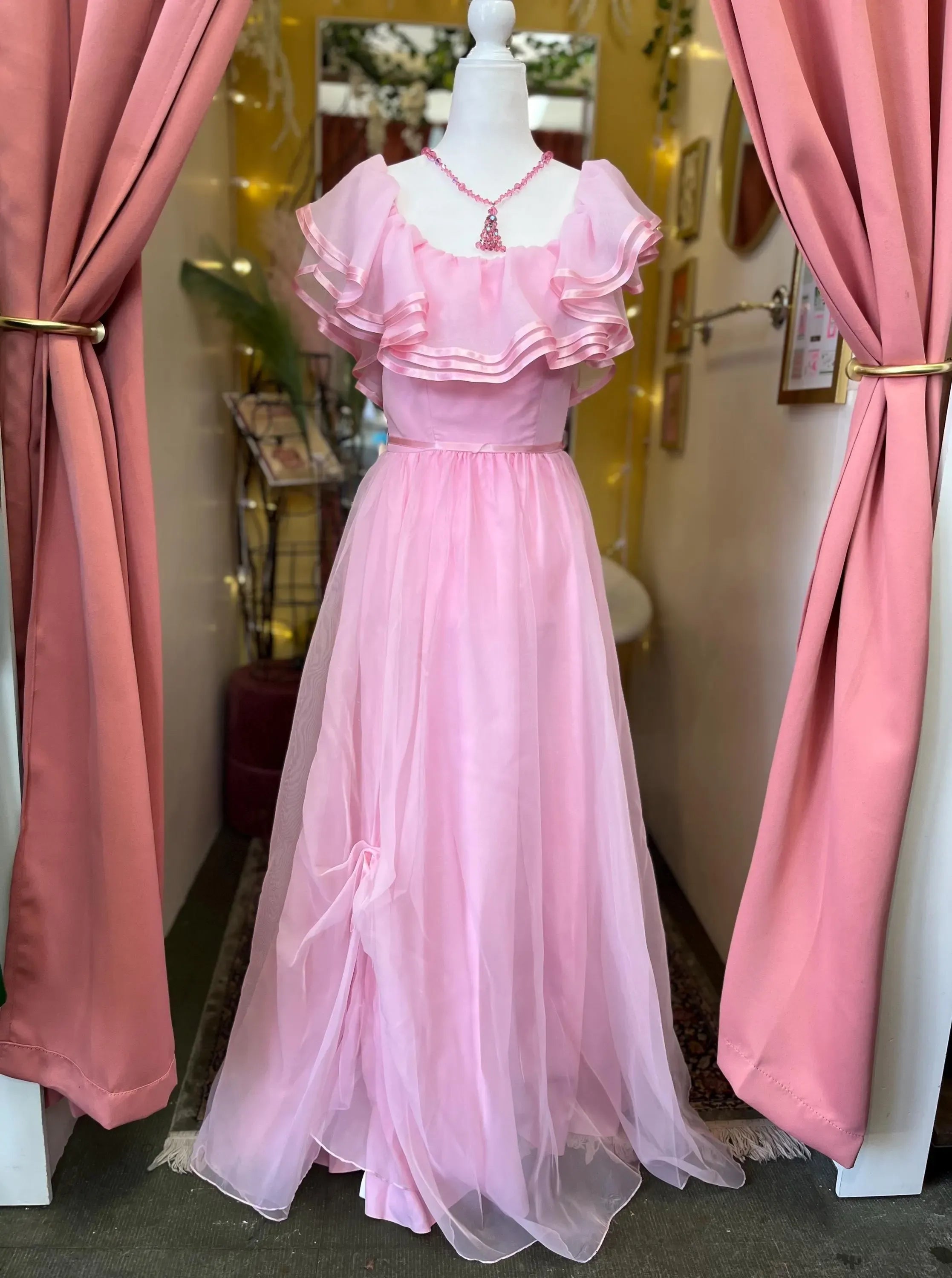 Elegant A-Line Off-the-Shoulder Ruffled Bow Back Pink Floor-Length Prom Dress