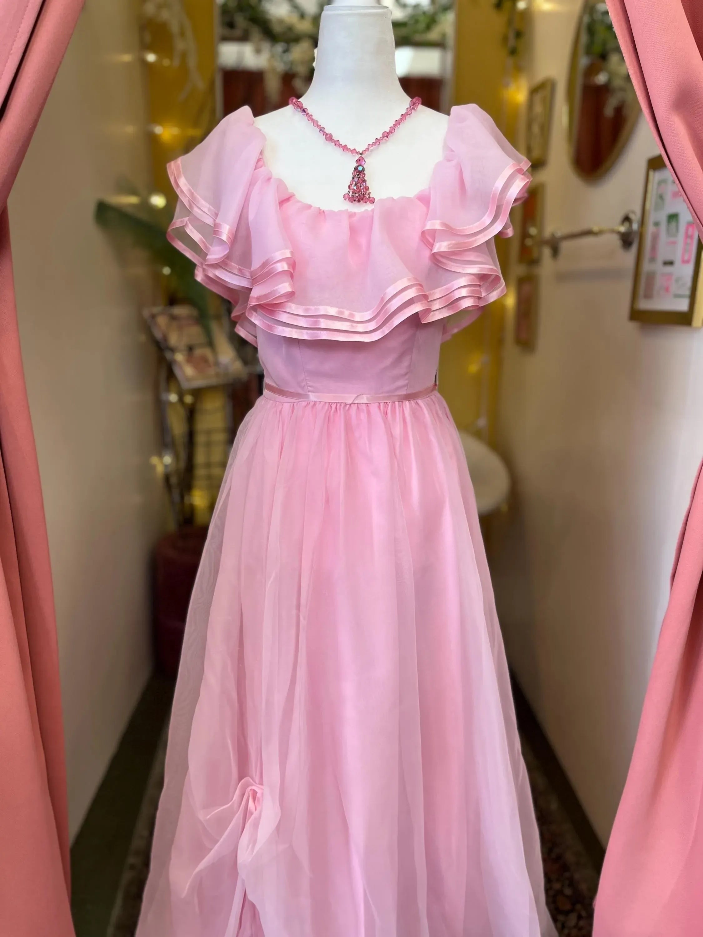 Elegant A-Line Off-the-Shoulder Ruffled Bow Back Pink Floor-Length Prom Dress