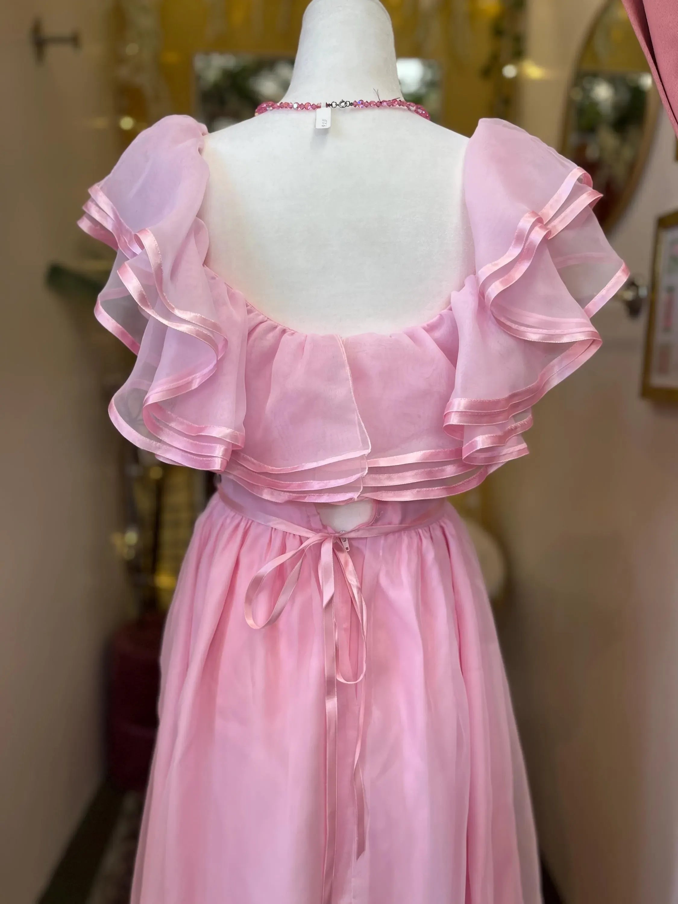 Elegant A-Line Off-the-Shoulder Ruffled Bow Back Pink Floor-Length Prom Dress
