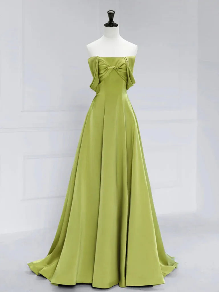 Elegant A-Line Off Shoulder Bow Knot Detail Green Long Prom Dresses