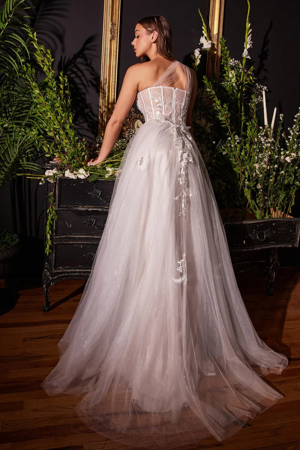Elegant A-Line One-Shoulder Corset Lace-Applique Tulle White Floor-Length Prom Dress
