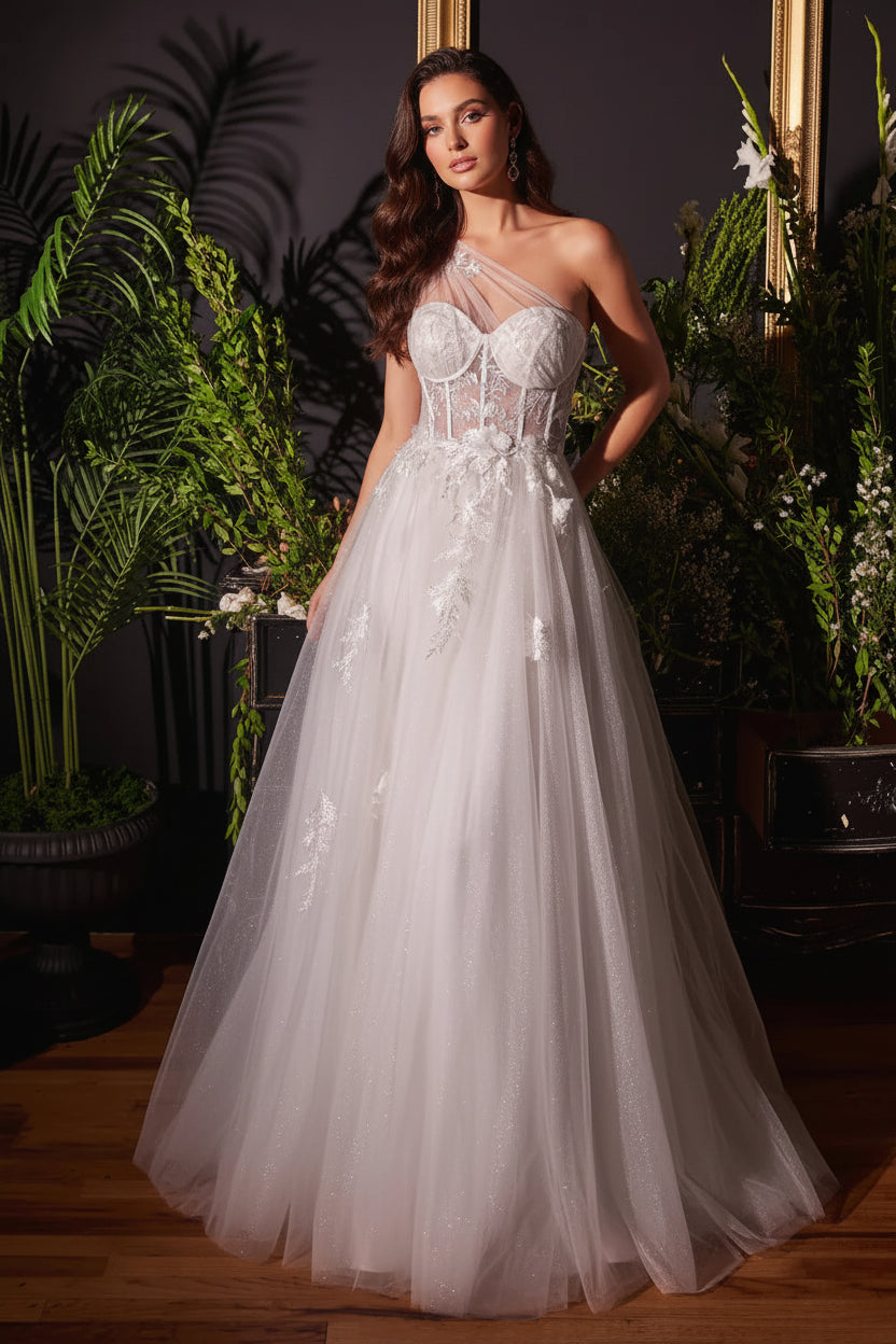 Elegant A-Line One-Shoulder Corset Lace-Applique Tulle White Floor-Length Prom Dress