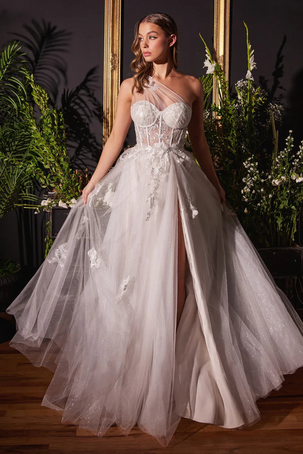 Elegant A-Line One-Shoulder Corset Lace-Applique Tulle White Floor-Length Prom Dress