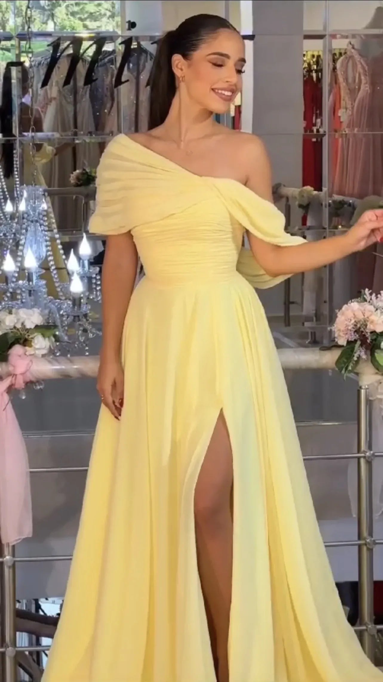 Elegant A-Line One-Shoulder Draped High-Slit Chiffon Yellow Floor-Length Prom Dress