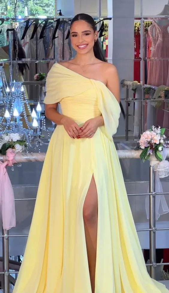 Elegant A-Line One-Shoulder Draped High-Slit Chiffon Yellow Floor-Length Prom Dress