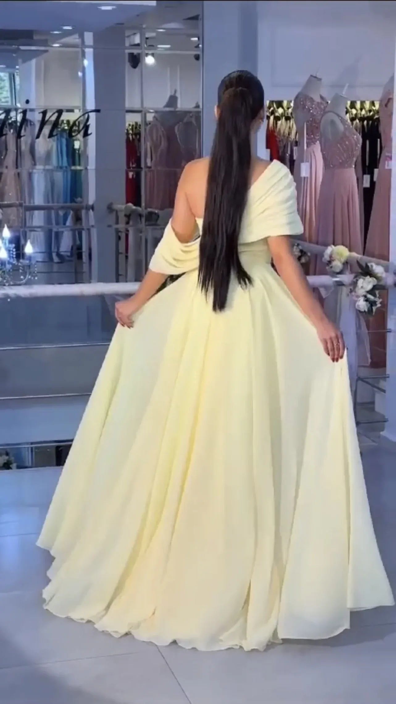 Elegant A-Line One-Shoulder Draped High-Slit Chiffon Yellow Floor-Length Prom Dress
