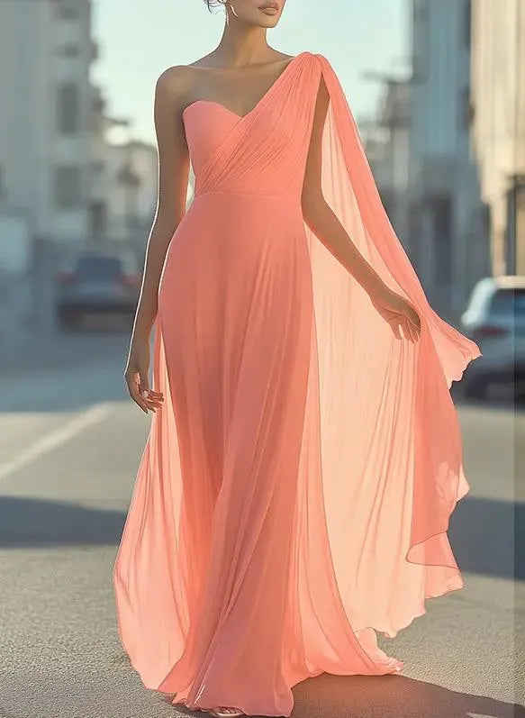 Elegant A-Line One-Shoulder Draped Peach Floor-Length Prom Dresses