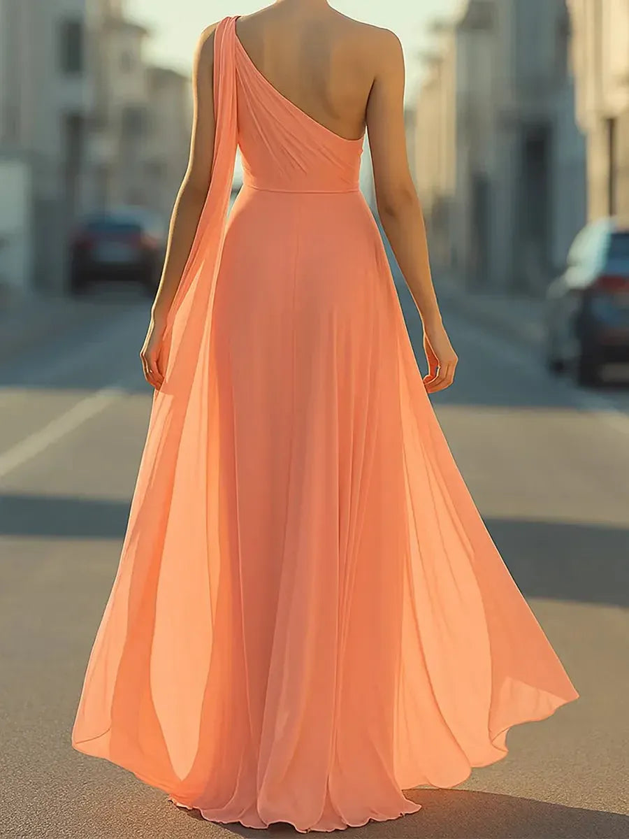Elegant A-Line One-Shoulder Draped Peach Floor-Length Prom Dresses