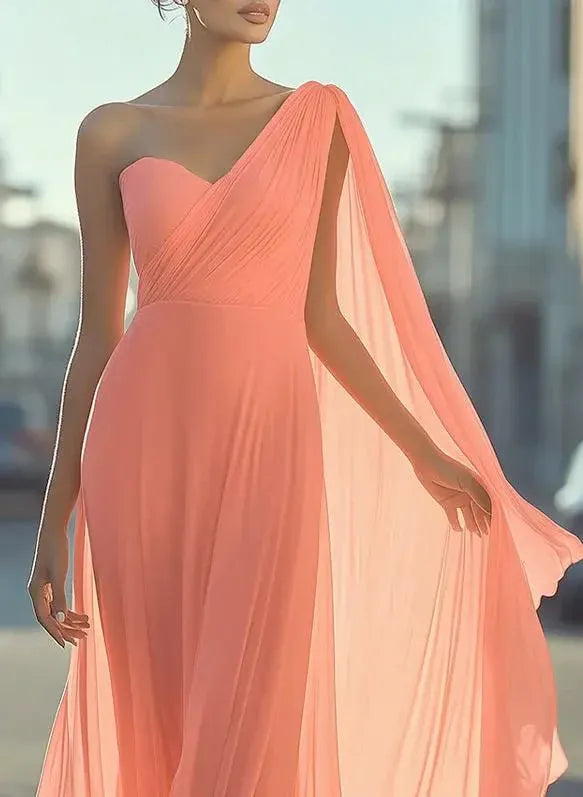 Elegant A-Line One-Shoulder Draped Peach Floor-Length Prom Dresses