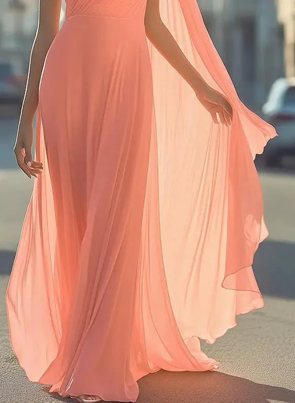 Elegant A-Line One-Shoulder Draped Peach Floor-Length Prom Dresses