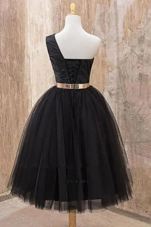 Elegant A-Line One-Shoulder Gold-Belt Tulle Black Midi Homecoming Dress