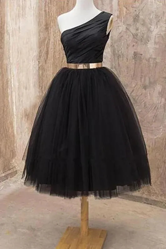 Elegant A-Line One-Shoulder Gold-Belt Tulle Black Midi Homecoming Dress