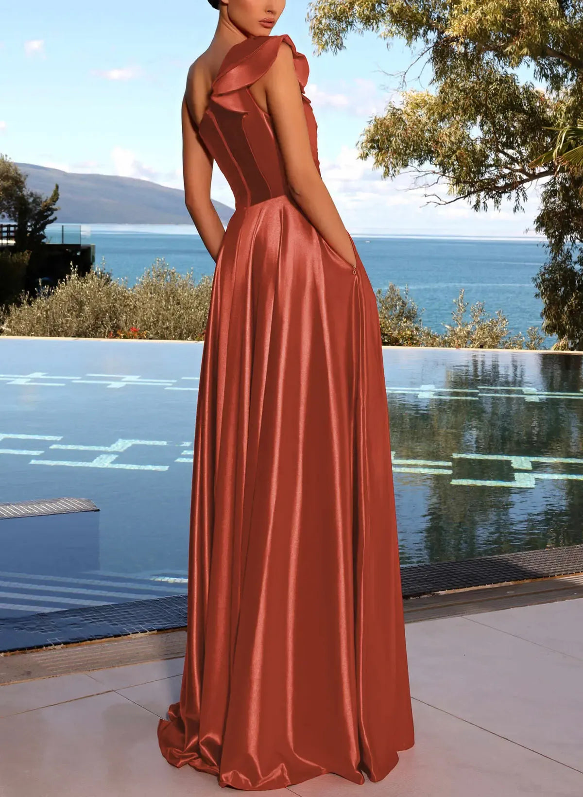 Elegant A-Line One-Shoulder Ruched Slit Vermilion Floor Length Prom Dress With Pockets