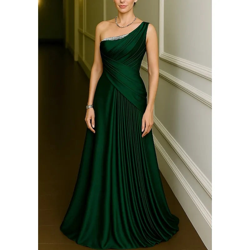 Elegant A-Line One Shoulder Beaded Ruched Emerald Evening Dress Custom