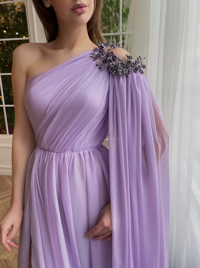 Elegant A-Line One Shoulder Cap sleeves Split Evening Dress Prom Dress