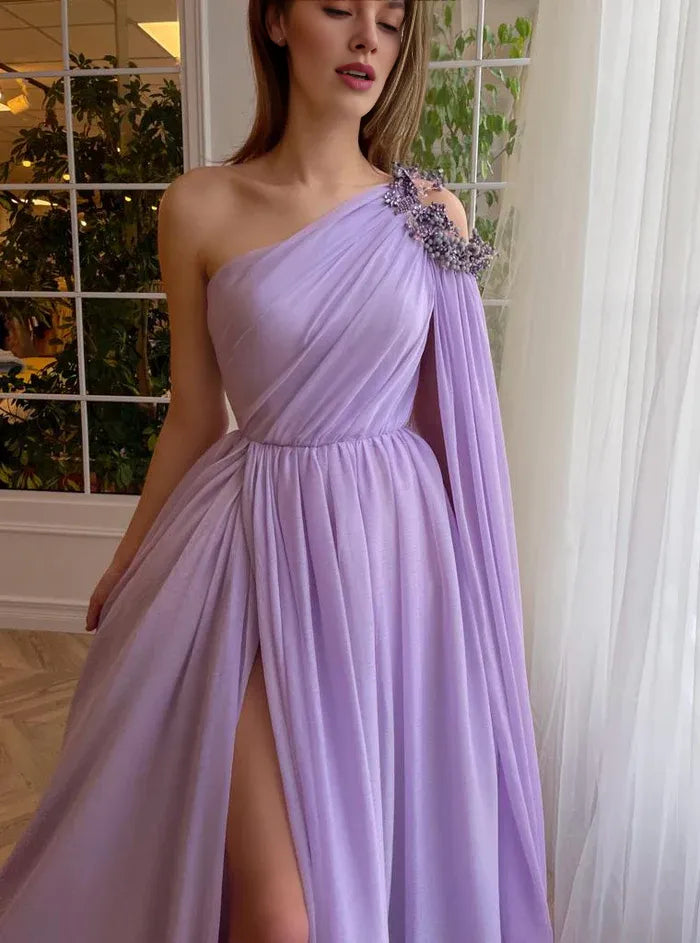 Elegant A-Line One Shoulder Cap sleeves Split Evening Dress Prom Dress