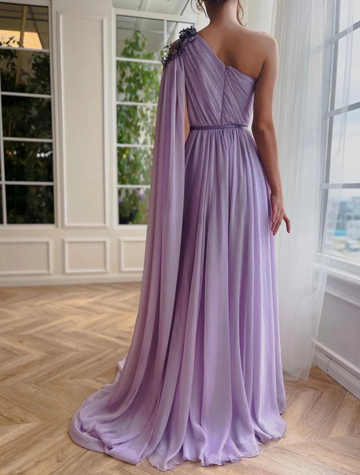 Elegant A-Line One Shoulder Cap sleeves Split Evening Dress Prom Dress