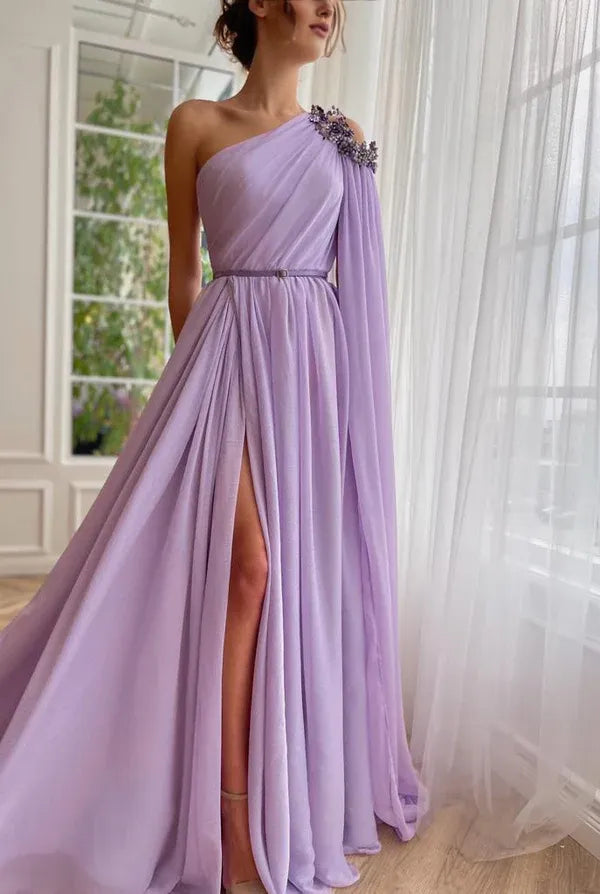 Elegant A-Line One Shoulder Cap sleeves Split Evening Dress Prom Dress