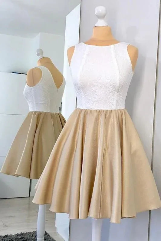 Elegant A-Line Round-Neck Lace-Top Satin Beige Short Homecoming Dress Custom