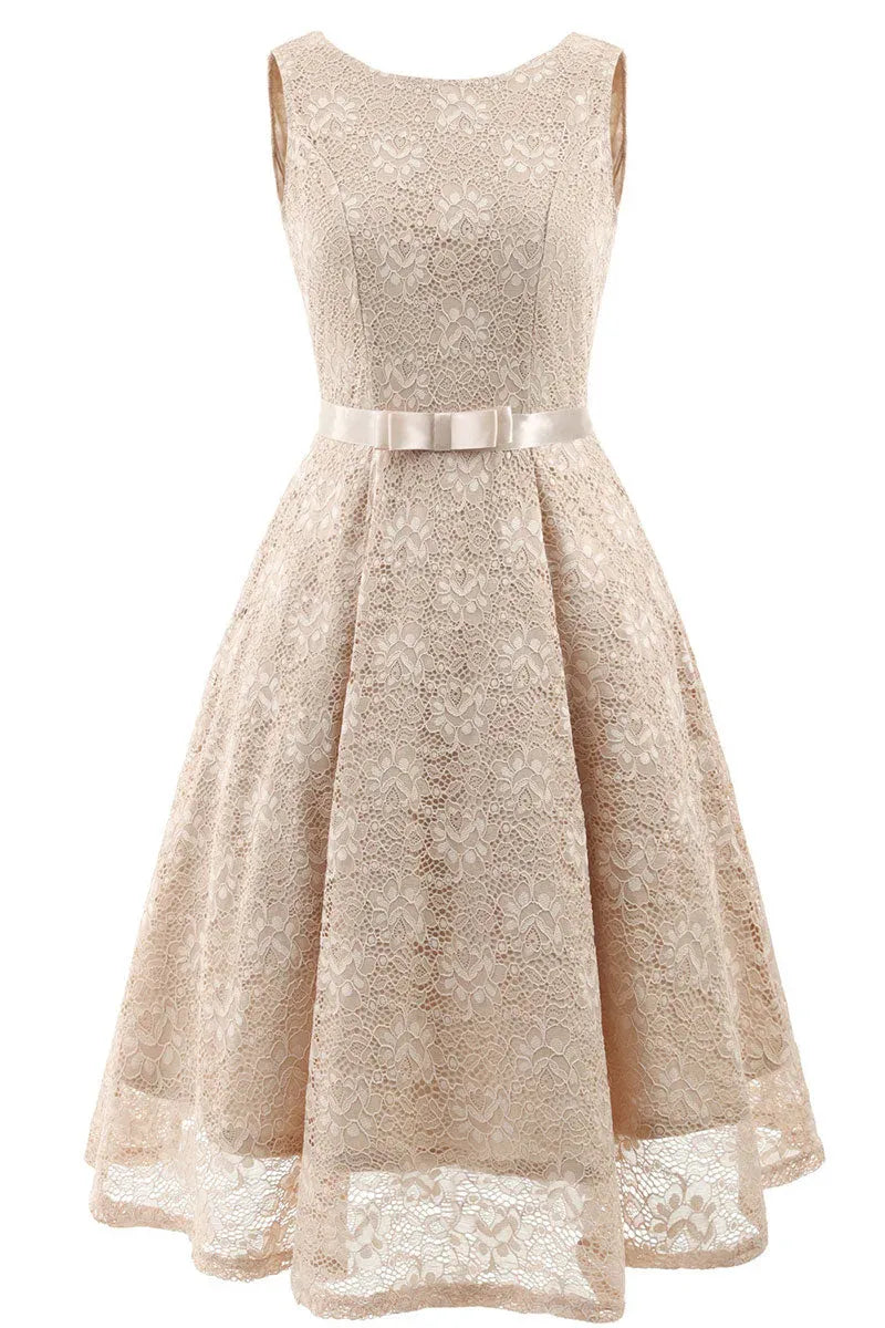 Elegant A-Line Round Neck Lace Champagne Short Homecoming Dress With Bow