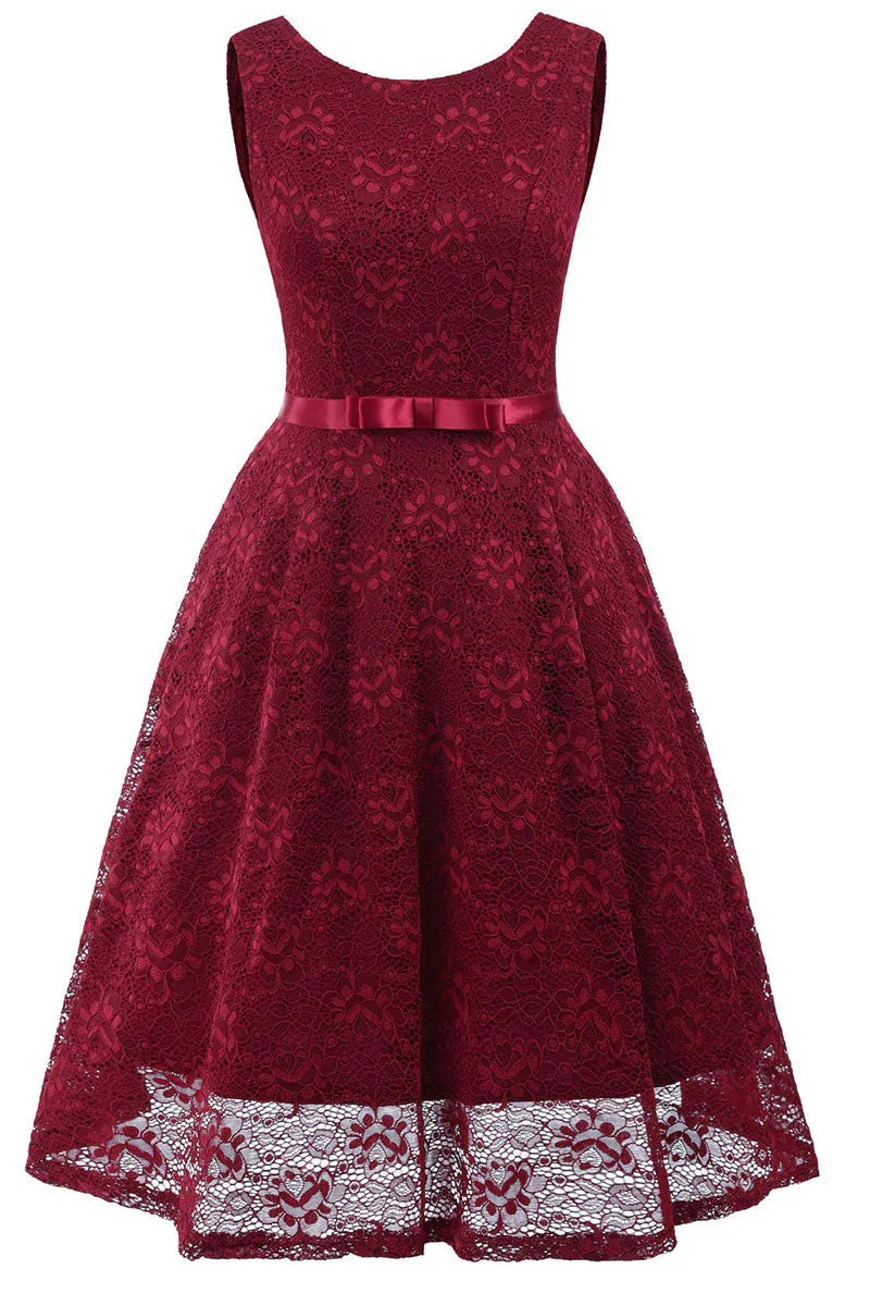 Elegant A-Line Round Neck Lace Champagne Short Homecoming Dress With Bow