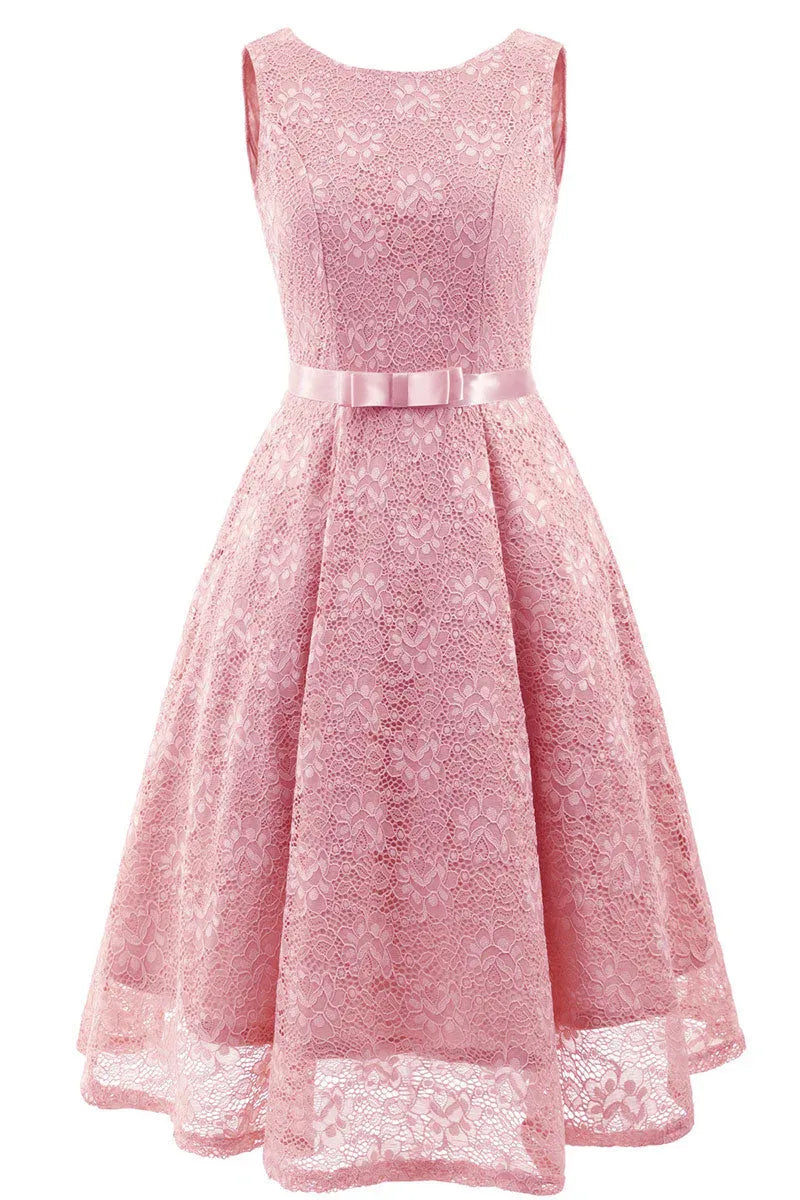 Elegant A-Line Round Neck Lace Champagne Short Homecoming Dress With Bow