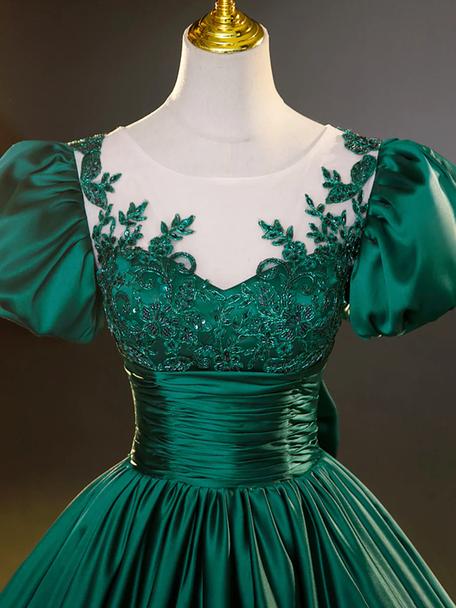 Elegant A-Line Round Neck Short Sleeve Satin Lace Green Floor Length Prom Dress With Beaded