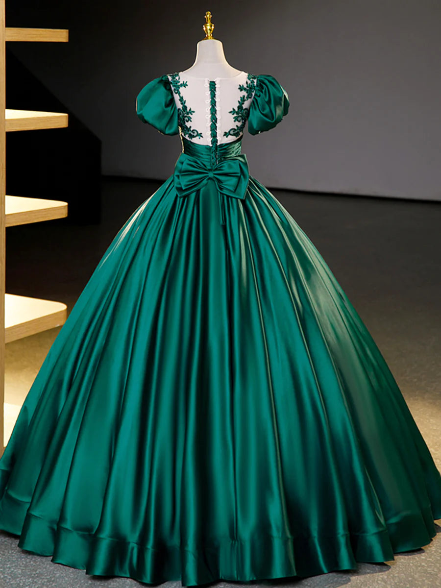 Elegant A-Line Round Neck Short Sleeve Satin Lace Green Floor Length Prom Dress With Beaded