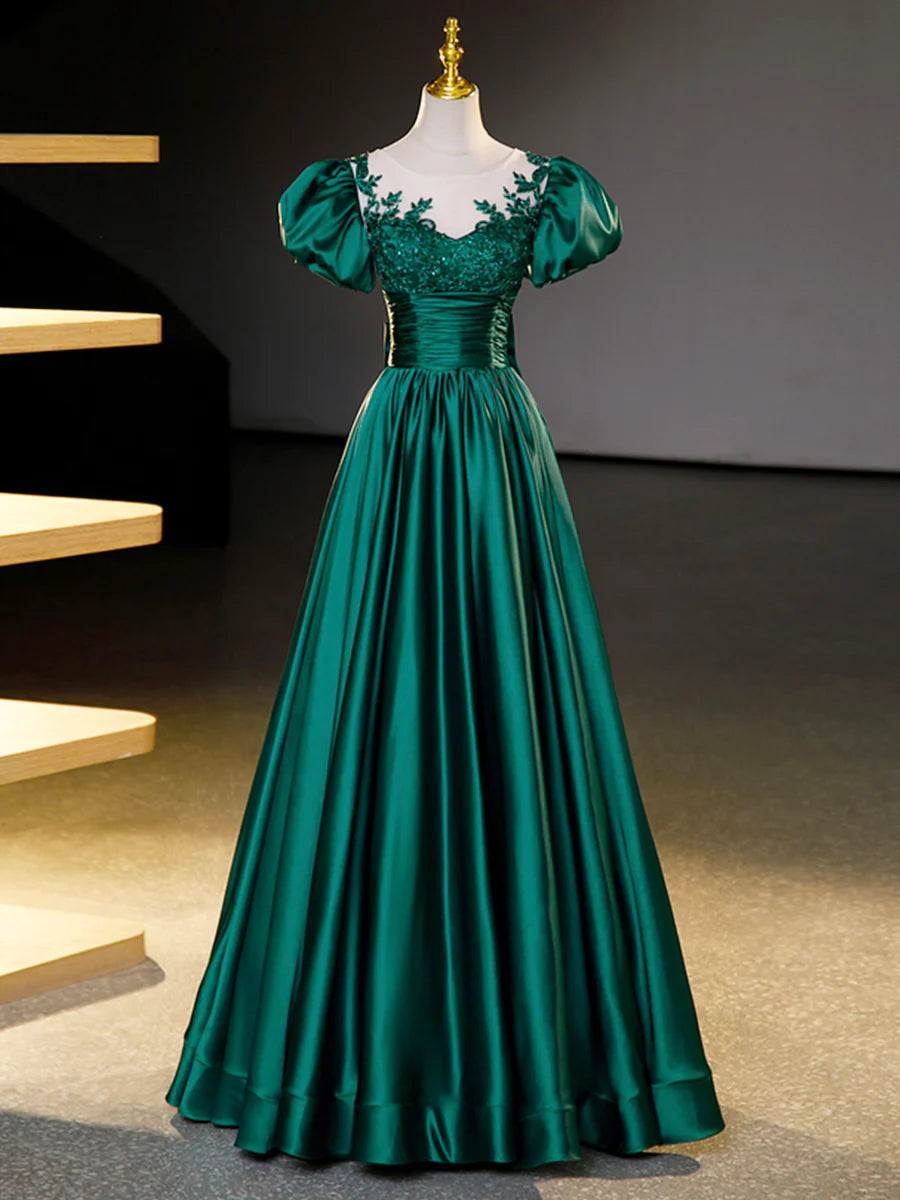 Elegant A-Line Round Neck Short Sleeve Satin Lace Green Floor Length Prom Dress With Beaded