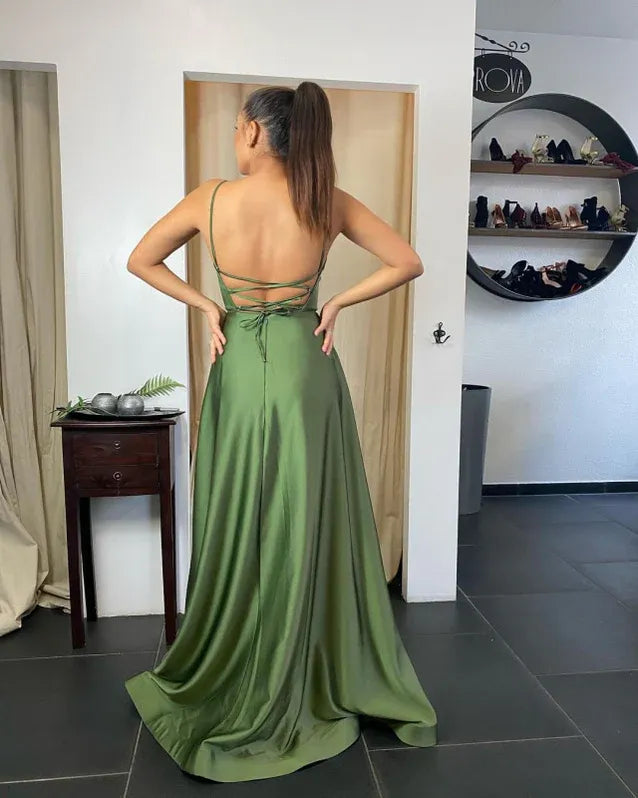 Elegant A-Line Scoop Neck Slit Satin Olive Green Floor-Length Prom Dress With Pockets