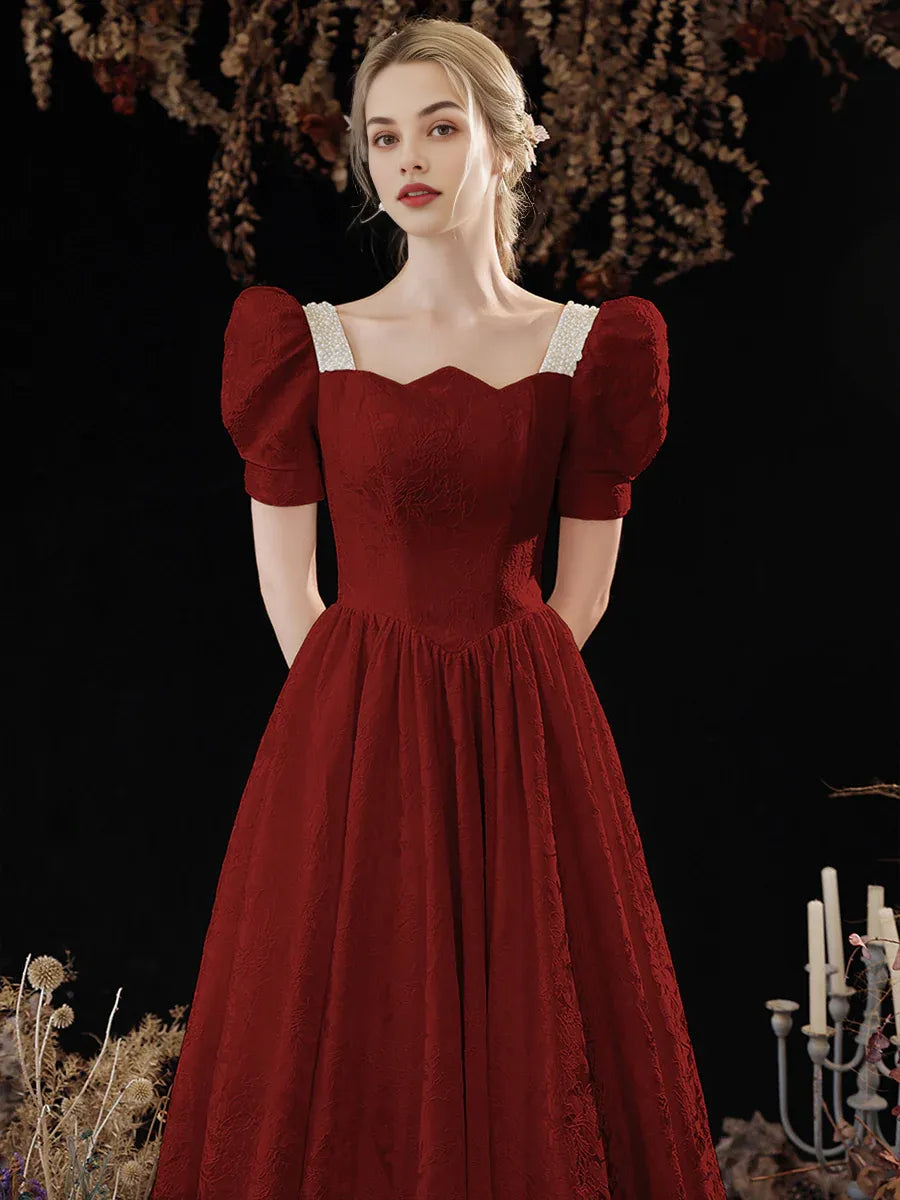 Elegant A-Line Short Sleeve Beaded Jacquard Satin White Long Prom Dress