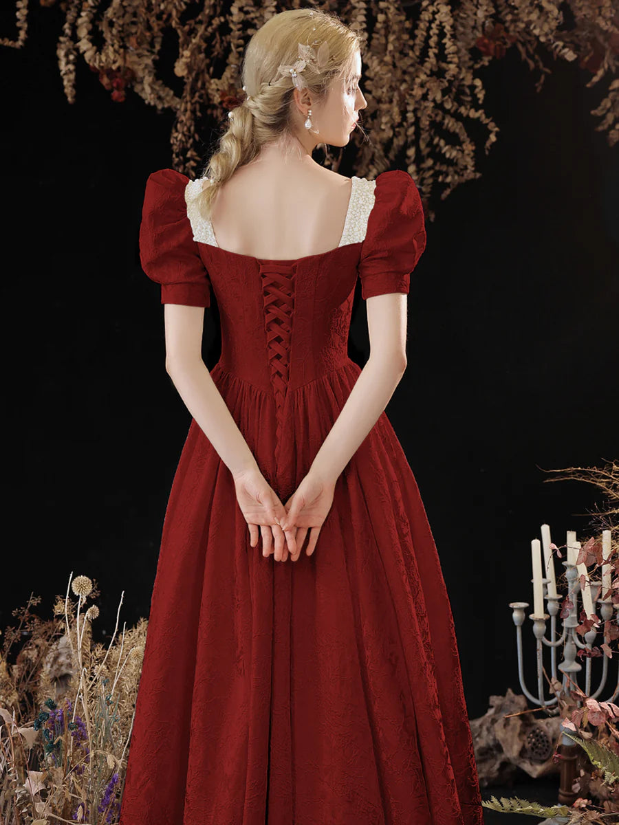 Elegant A-Line Short Sleeve Beaded Jacquard Satin White Long Prom Dress