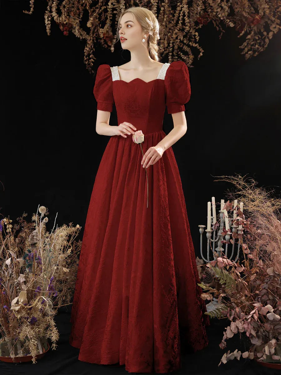 Elegant A-Line Short Sleeve Beaded Jacquard Satin White Long Prom Dress